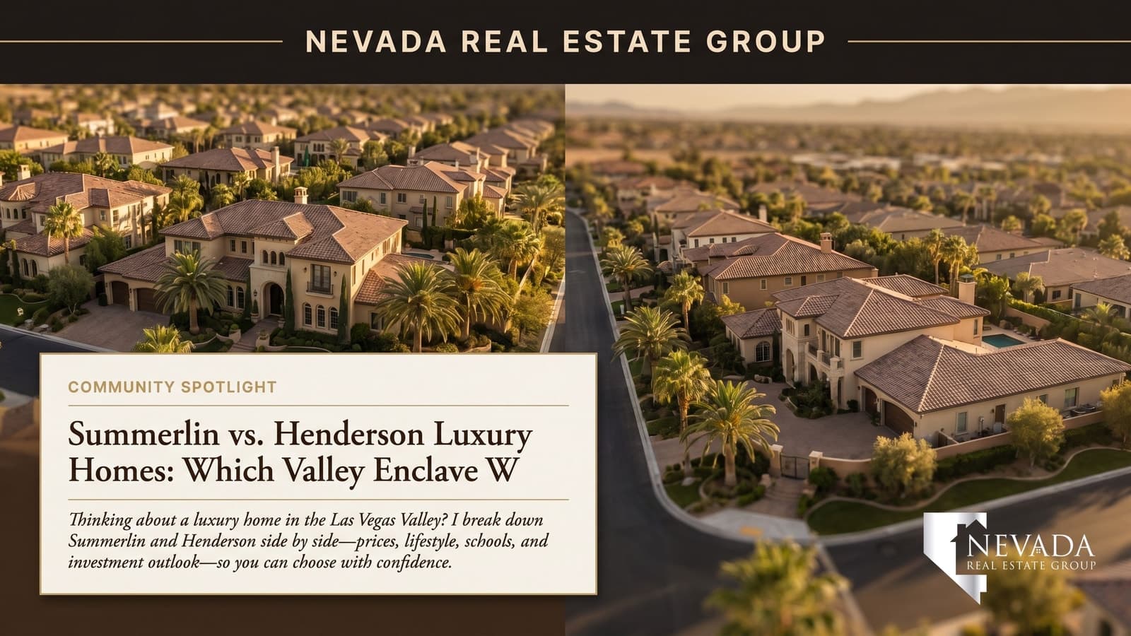 Aerial view of Summerlin master plan beside Henderson skyline at twilight for 2026 buyer comparison