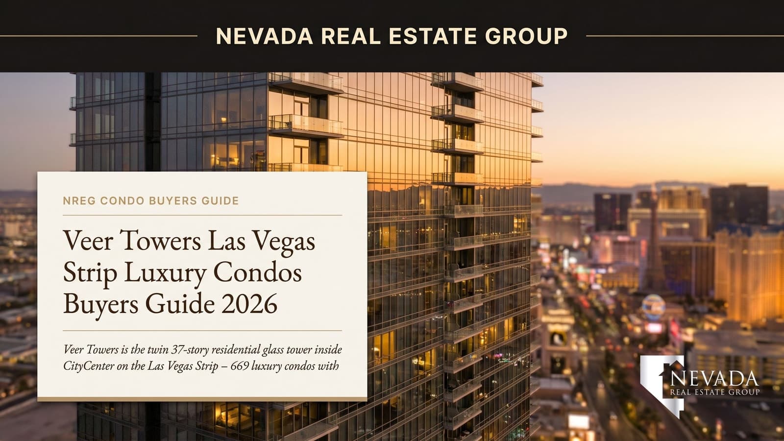 Twilight view of Veer Towers in Las Vegas CityCenter with the twin 37-story residential glass towers tilting toward each other against the Strip skyline and the Bellagio fountains visible in the distance