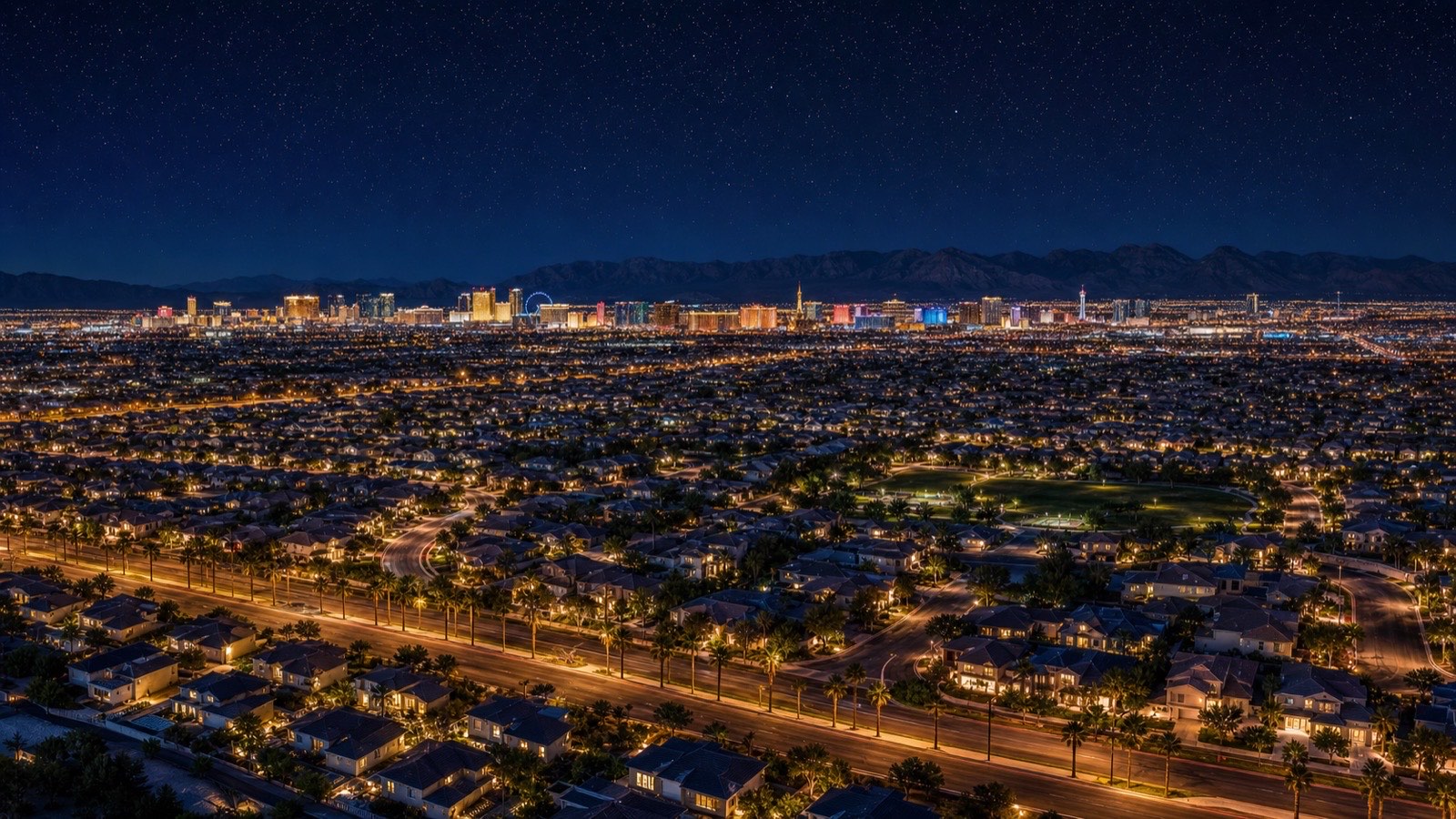 Allure Las Vegas residential tower glowing at night on Sahara Avenue with the Strip skyline visible in the background and the Stratosphere tower to the south