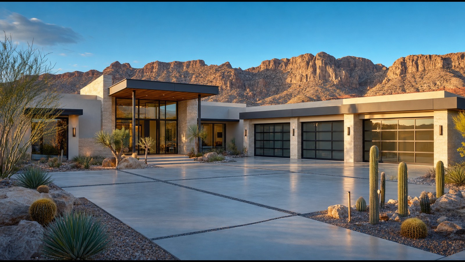 Downtown Summerlin walkable mixed-use core at golden hour with restaurant and retail signage glowing — one of the strongest young-professional Las Vegas neighborhoods in 2026 for renters and first-time buyers
