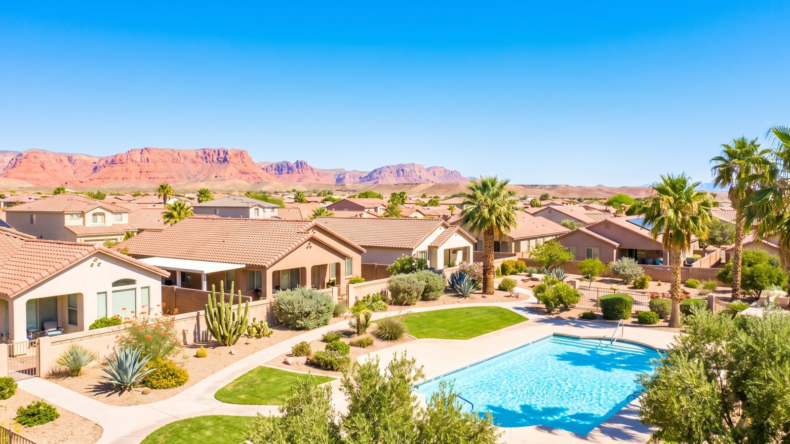 Mesquite Nevada residential neighborhood of tile-roof single-family homes with desert landscaping and red mesa mountains behind