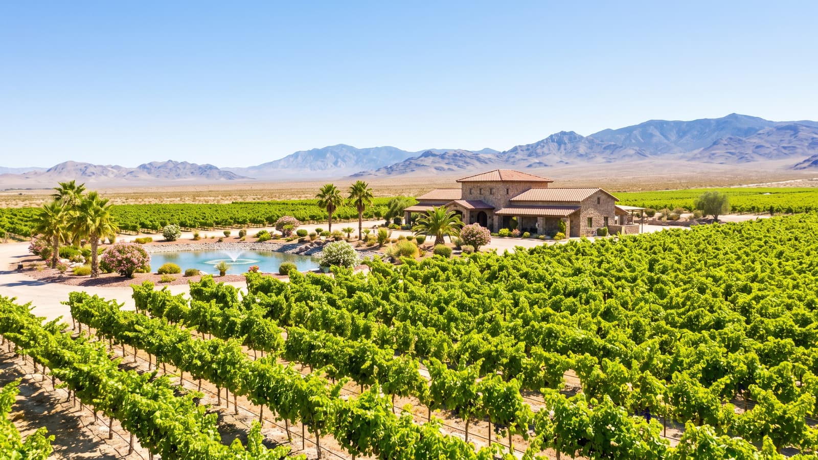 Vineyard and winery in the Pahrump Nevada desert valley with rows of grapevines and mountain ranges