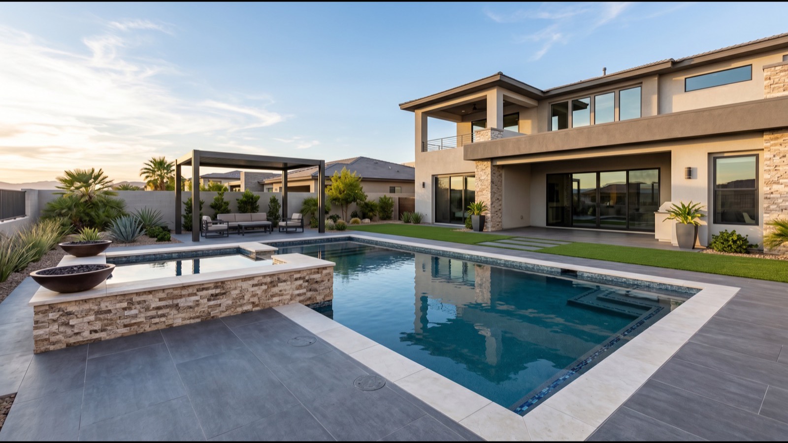 Siena Summerlin 30000 square foot clubhouse with resort-style outdoor pool tile roof Mediterranean architecture and mature palm landscaping