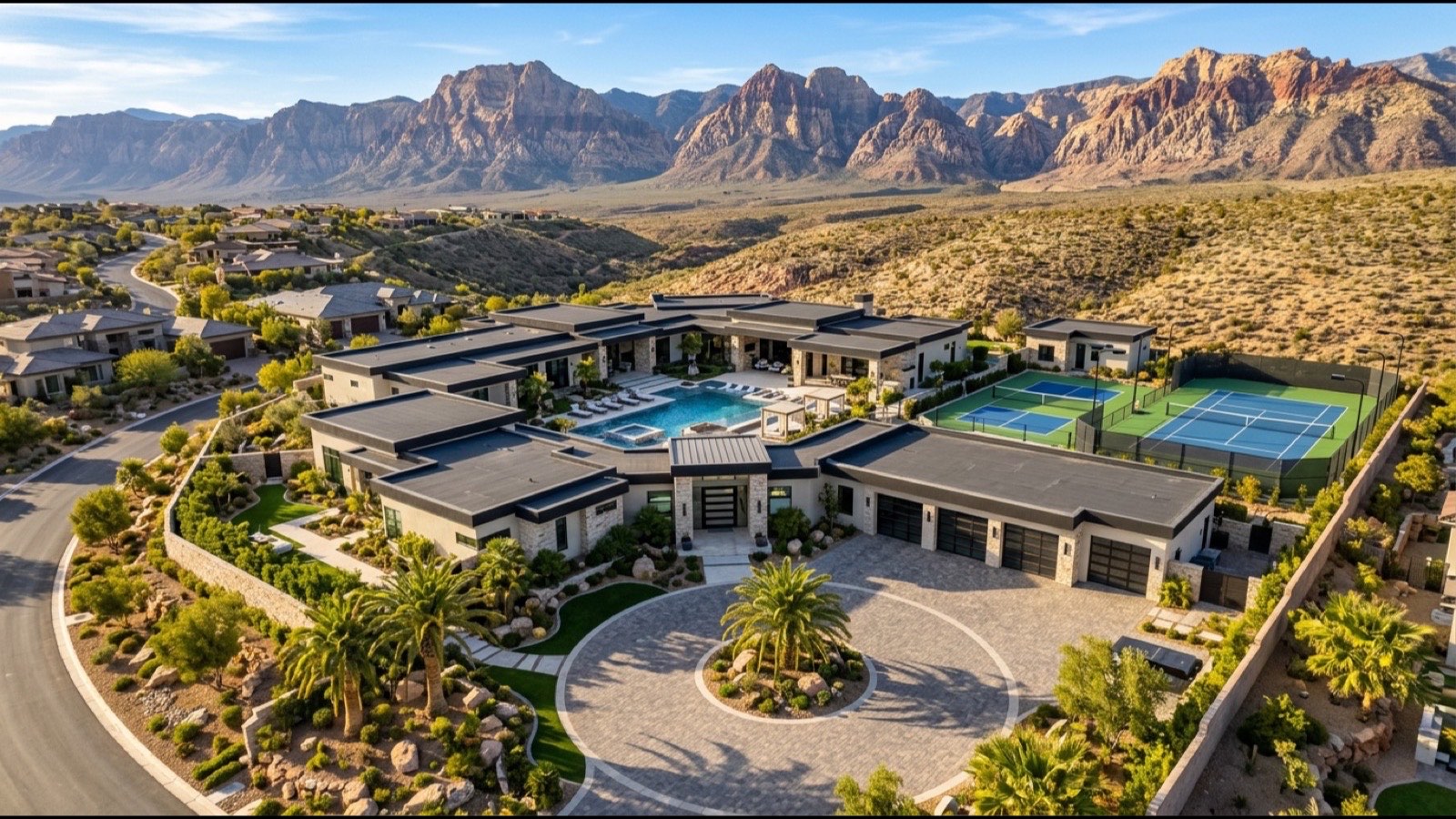 The Trails Summerlin fairway-adjacent million dollar home with mature landscape covered patio Spanish-tile roof and TPC Summerlin golf course visible beyond