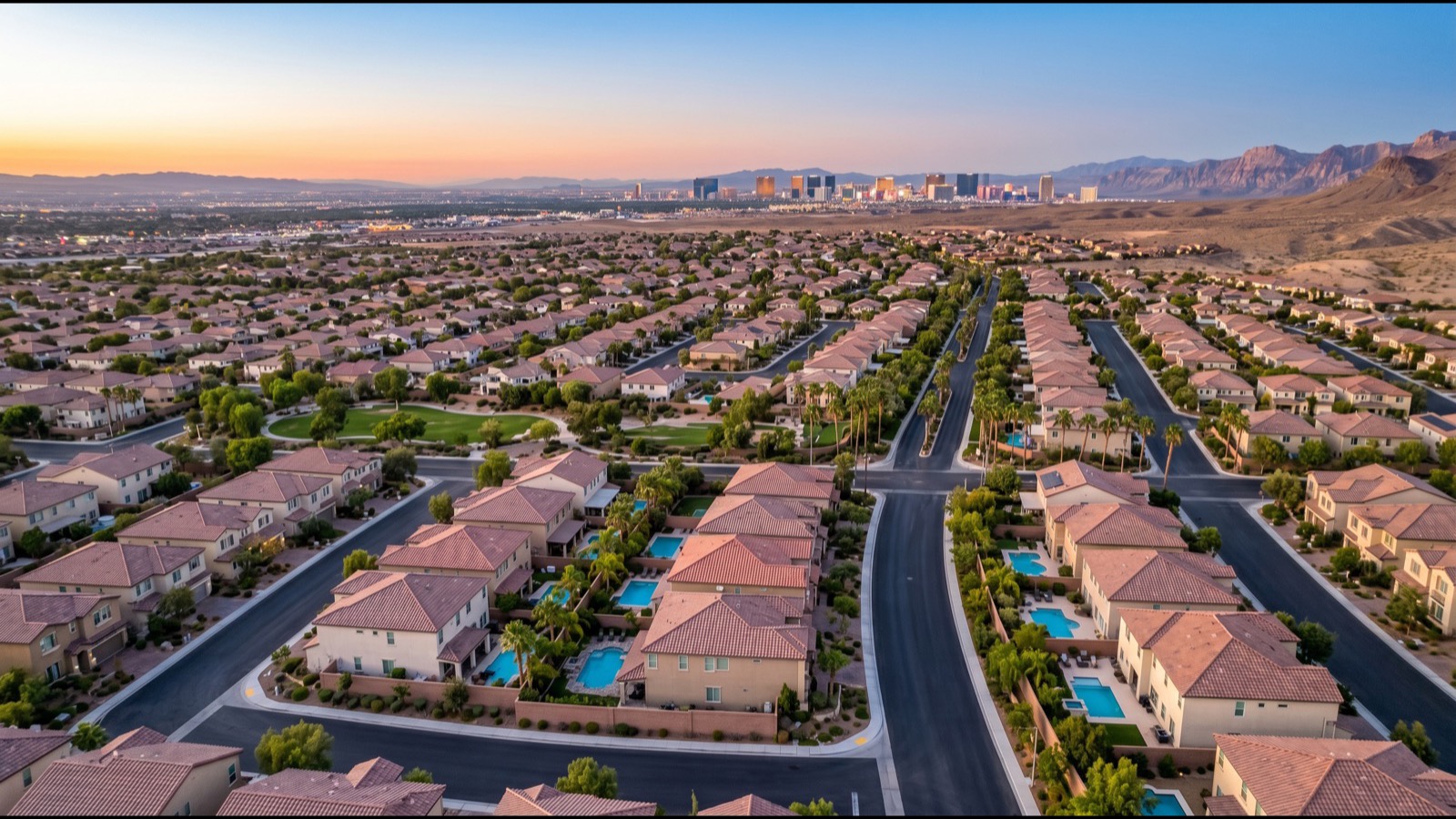 Aerial view of CityCenter on the Las Vegas Strip showing Veer Towers, Aria Resort, and the Crystals retail center with the broader Strip corridor stretching in both directions